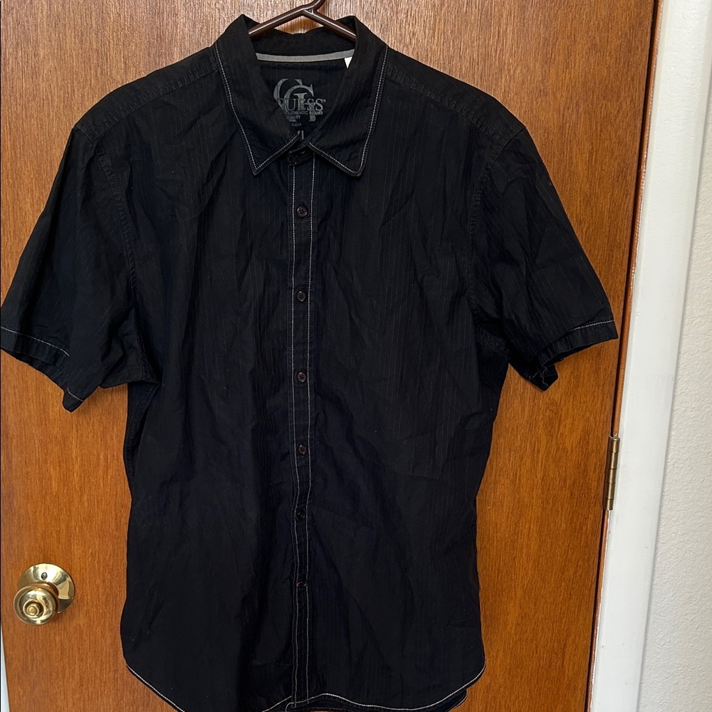Vintage Guess Men's Short-Sleeve Black Button Down Shirt - XL